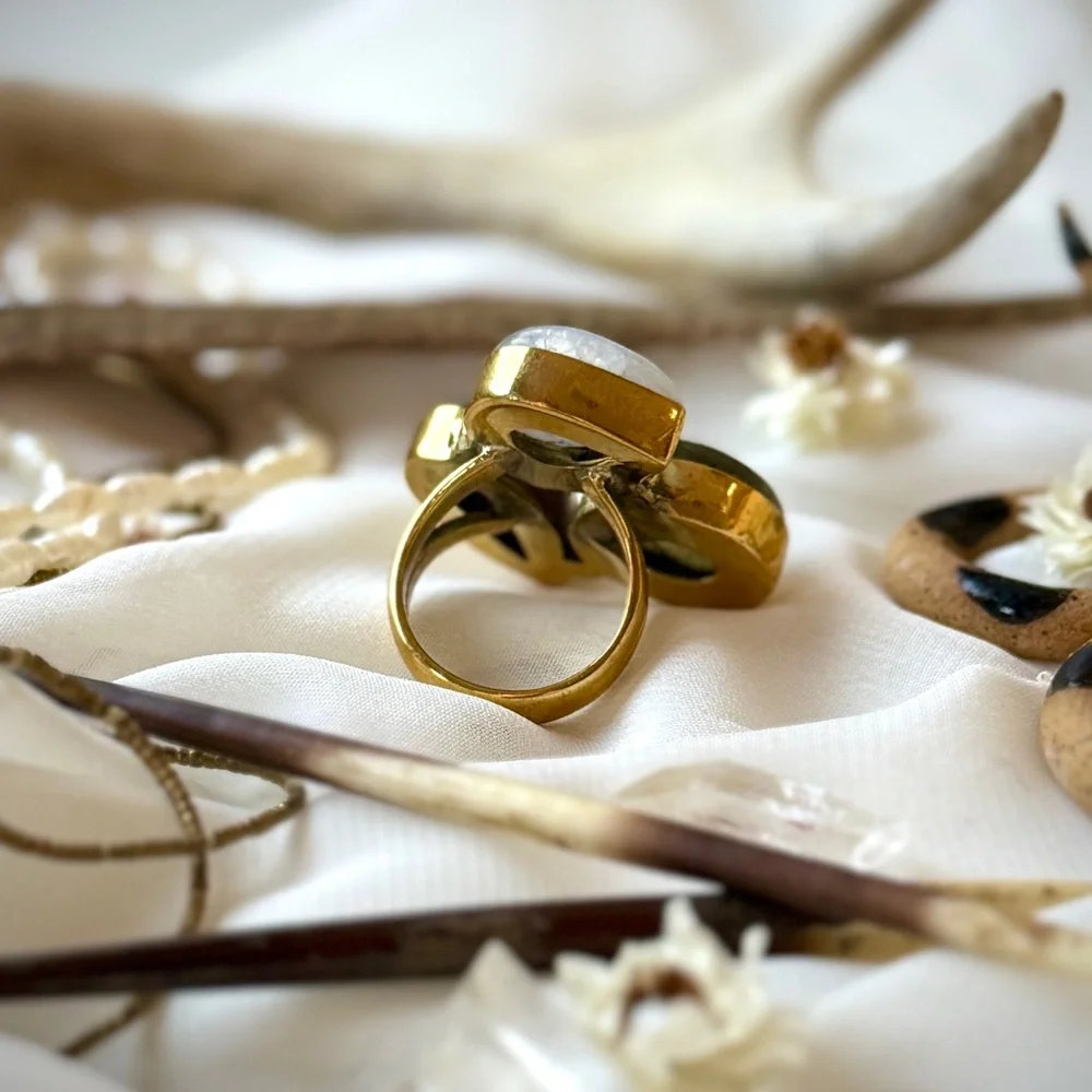 Triple Precious Gemstone Set Gold Plated Sterling Silver Statement Ring